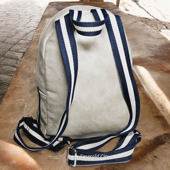 Faux Leather Gray Backpack Blue And White Belt Straps Travel Work Unisex READ - Picture 2 of 15
